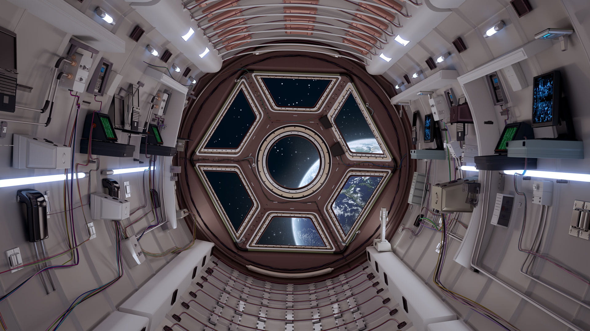 Looking out a window on the International Space Station